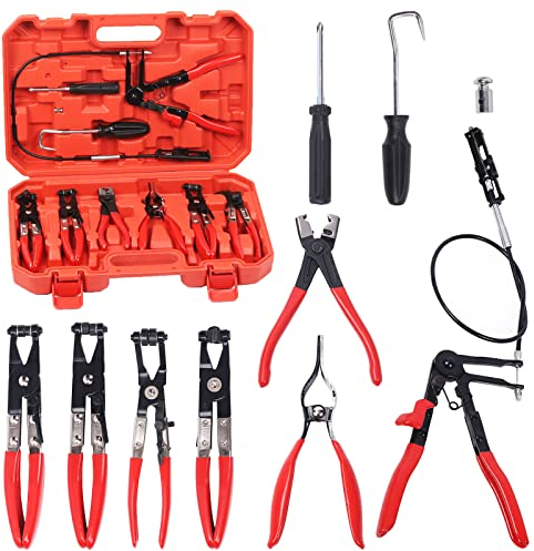 Glarks 9Pcs Red Flexible Hose Clamp Pliers Set, Long Reach Spring Wire Clip Plier Hose Clamp Pliers Remover Kit for Replacement of Fuel, Oil, Water Hose,Black