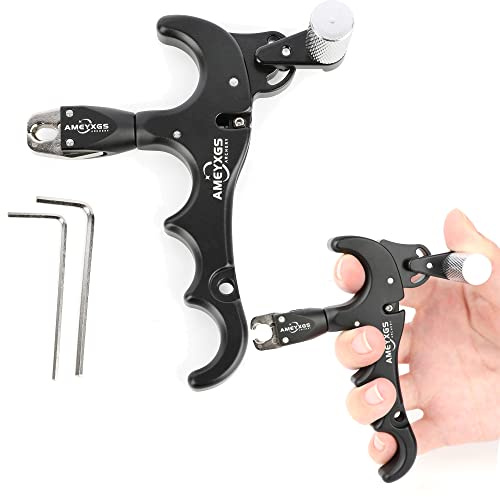 wolfman Bogenentriegelungshilfe für Bogenschießen 4 Finger Aluminiumlegierungs-Verbundbogenentriegelungshilfen automatischer Daumenauslöser Bremssattelgriff für Bogenjagdzubehör