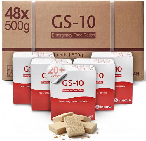 Emergency Food GS-10 | 48 x 500 Gramm Einheit Langzeitnahrung - Notfallnahrung MRE - Produkte hermetisch versiegelt | extrem lange haltbar | 2 Monats Notvorrat