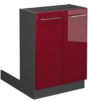 Vicco Isla de Cocina Fame-Line, Rojo Burdeos Alto Brillo, 60 cm | Frente de MDF · 1 Estante · Patas regulables en altura · Tiradores de metal · Cierre suave