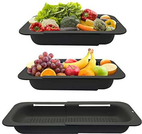 Sieb Küche ausziehbar(34-47cm), techextra 2 Schwarz Siebkorb über Spüle Abtropfsieb Sieb Spülbecken Küchensieb Waschbecken Filterablage, Gekochte Nudeln abtropfen, Gemüse, Obst waschen BPA Frei