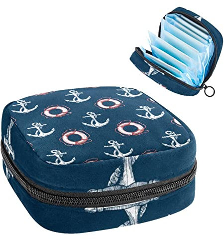 White Ship Anchor Lifebuoy Navy Period Pouch Portable,Tampon Storage Bag for Sanitary Napkins