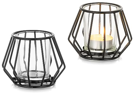 Romadedi Teelichthalter Schwarz Metall Kerzenhalter: 2er Set Windlicht Klein für Teelichter Deko Wohnzimmer Tischdeko Teelichtgläser für Zimmer Schlafzimmer Esstisch Home Decor