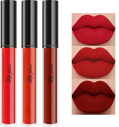 Erinde Matte Velvet Lipstick Set, Non-Stick Cup Red Lipstick, Light Red Liquid Lipstick Long Lasting, 3Pcs Set Lip Gloss, Lip Makeup Kit, Waterproof, Smudge Proof