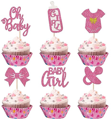 24 Stück Baby Girl Cupcake Toppers It's a Girl Tortendeko Glitzer Schnuller Onesie Jumpsuit Schleife Gender Reveal Dusche Kuchen Dekorationen für Baby Girl Geburtstag Thema Party Hellrosa