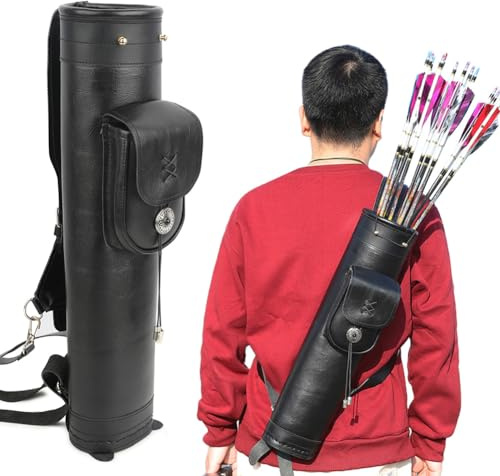 SHARROW Archery Traditional Shoulder Back Arrow Quiver Cow Leather Arrows Holder with Pocket Handmade Arrow Bag Side Quiver for Riding Shooting Outdoor Hunting (Black)