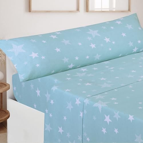 DHESTIA HOME - Juego Sábanas Franela de Invierno 100% Algodón Stars - Color Agua, Talla Cama 105