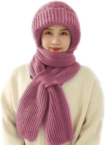 MAKFORT Frauen Verdickte Integrierter Gehörschutz Winddichte Mütze Schal Damen Warme 2 in 1 Mützenschal Strickmütze Winter Kapuzenschal