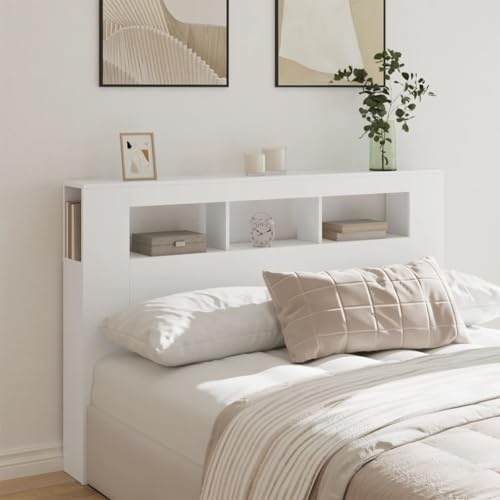 BAZZI Testiera Letto Matrimoniale Testiera Letto con Contenitore con Luci in Legno Multistrato Bianca 160x18,5x103,5 cm