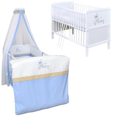 Babybett Komplett Set Max Prince 60x120 weiß Kinderbett umbaubar zum Juniorbett inkl. Bettwäsche Set Komplett (Prince)