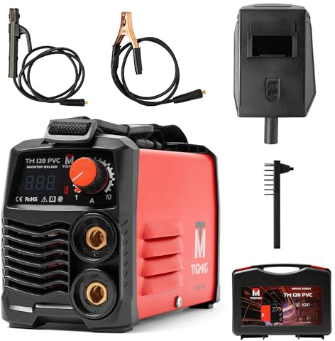 TIGMIG Inverter-Schweißgerät MMA (elektrode) TM120PVC mit Zubehör im Transportkoffer, 120 AMP, kompakte Schweißmaschine 12,5 x 9,5 x 21 cm