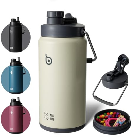 Borraccia termica da 2 l, con cannuccia e coperchio a doppio uso, in acciaio inox, per allenamento e sport, isolata con manico (grigio)