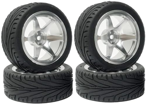 RC Auto Reifen und Räder Set,KINGCOO 4Stück 65mm Gummireifen und 6 Speichen Aluminiumlegierung Metallfelgen Räder Felgen Alufelgen Ersatzteile für 1/10 RC On-Road Touring Racing Auto (Schwarz Silber)