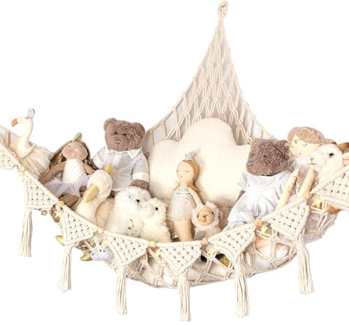 Toy Hammock Stuffed Animal Storage Net Macrame Boho Plush Toy Holder Nursery Hanging Organizer for Bedroom