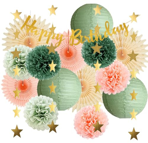 Geburtstagsdeko Salbeigrün Pfirsich Party Geburtstag Deko Salbei Rosa Pompons Deko Salbei Olivgrün Beige Papierfächer Papierlaternen Happy Birthday Girlande Geburtstag für Mädchen Frauen
