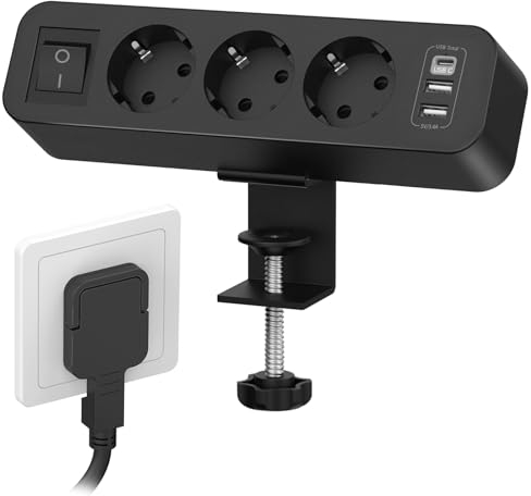 Multiprise de table avec USB C, 3 prises, fiche plate avec interrupteur, multiprise de bureau avec câble de 3 m, pour la maison, le bureau