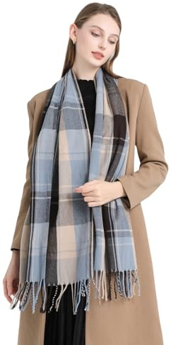 Damen Karierter Pashmina Schal – Weicher, Warmer Winterschal mit Quasten Oversize Plaid Stola & Kuscheliger Wrap für Herbst & Winter, Elegantes Geschenk für Frauen (Blau)