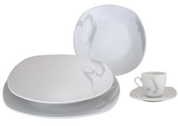 Lot de 30 assiettes à encre avec tasses à café en porcelaine durable, design moderne, pour 6 personnes, blanc et gris, pour usage quotidien, pour lave-vaisselle.