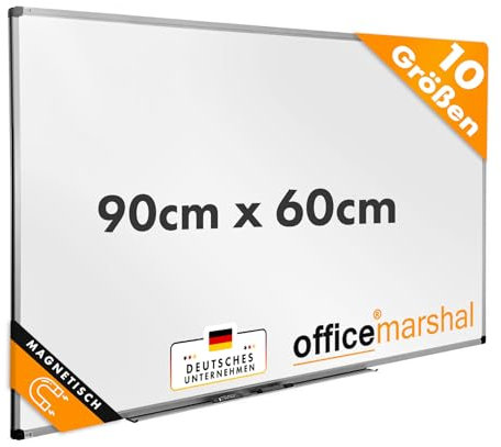 OfficeMarshal Magnetisches Whiteboard 90x60cm mit Alurahmen und abnehmbare Stiftablage für Büro, Heim und Schule, Magnettafel kratzfest und trocken abwischbar | Magnetboard