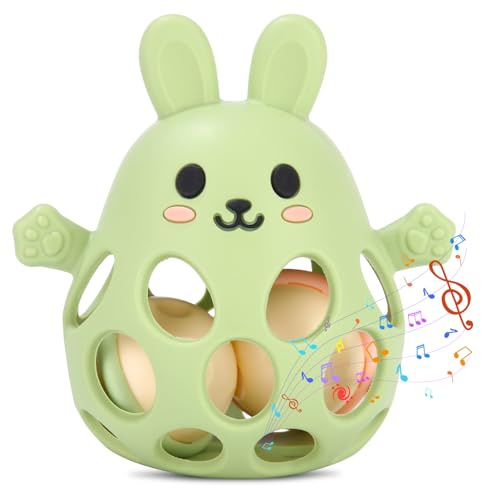 Vuxava Jouet Bébé 3 Mois – Anneau de Dentition Montessori Sans BPA – Hochet Sensoriel & Idée Cadeau Naissance (Vert Olive, Lapin)