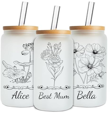 Mason Life Personalisierte Glas mit Name Geburtsblume- Glas mit Deckel und Strohhalmen, Eiskaffee Becher 530 ml-Personalisierte Geschenk für Muttertag, Geburtstag, Hochzeit