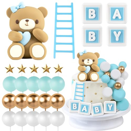 23 Stück Baby Dusche Kuchen Dekorationen, Teddybär Kuchen Dekoration | Blau Bär Torten Deko Taufe Junge Tortendeko Mädchen 1 Jahr für Bären Kuchendekoration Babyshower Geburtstag Party