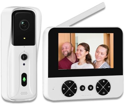 TKMARS Timbre Inalámbrico con Cámara 1080P y Pantalla de 4,3, Videoportero sin WiFi, Detección de Movimiento PIR, Intercomunicador Bidireccional, Visión Nocturna, sin App ni Suscripción, Blanco