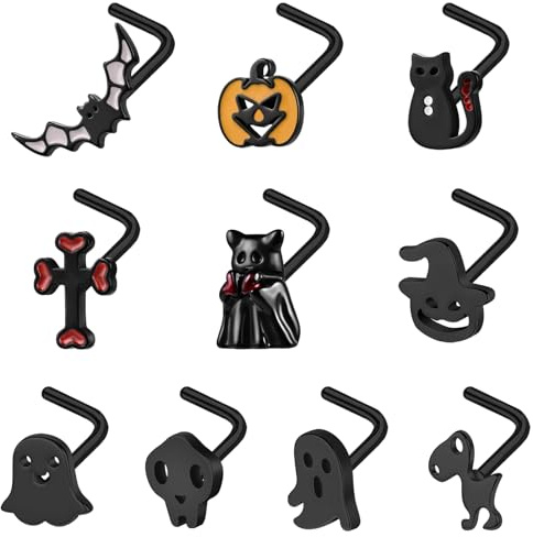 BodyAce 20G Nose Rings Halloween Nose Stud Stainless Steel Nostril Studs Ring L Shaped Nose Piercings Gothic Halloween Jewellery for women men