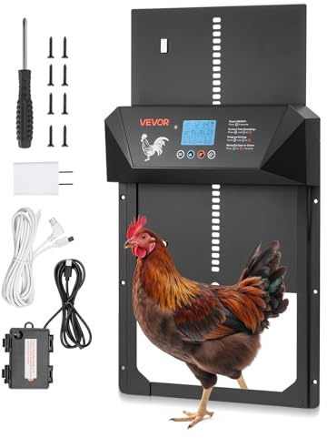 VEVOR Puerta Gallinero Automática con Pantalla, Puerta Automática Gallinero con Sensor de Luz, Temporizador y Ajuste Manual, Aleación de Aluminio, Anti-pinzamiento, Alimentada por CC y Batería, Negro