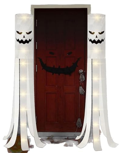 NOOYNOEO 2 Pcs Halloween Windsocks with Light, Halloween Windsock Ghost Flags for Hanging, Waterproof Halloween Decoration, for Halloween Costume Partie, 180cm