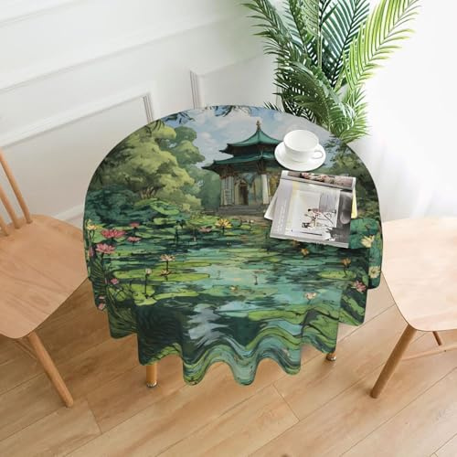 HHGFASD Pavilion at the pond Pattern Round Decorative Tablecloth 60 in for Indoor and Outdoor Dining, Parties, Weddings