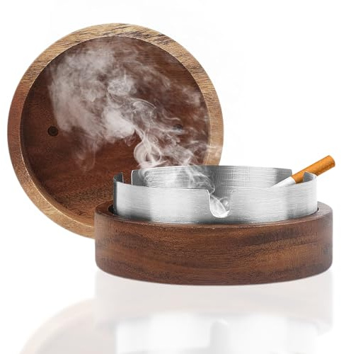Outdoor Ashtray, Stainless Steel Inner Layer Ashtray With Wooden Lid Smell Proof for Garden Bar Restaurant Office (Brown, 1PC)