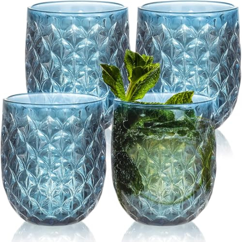 Drinking Glasses Set of 4 - 360ml/12oz Vintage Tumbler Glasses - Decorative Floral Embossed Water Glasses - Heavy Duty Glassware Beverages Tumblers for Whisky, Beer, Juice, Wine (Upgraded - Blue)