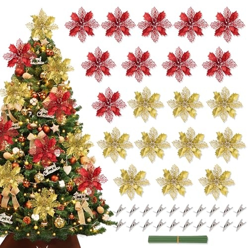 JNYUTEEN 20 Unidades de Flores de Pascua Navideñas Brillantes, 16 cm Flores de Navidad de Seda con Purpurina y Accesorios, Decoración de Árbol de Navidad con Plantas Artificiales para Fiestas