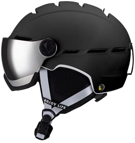 Skid- och snowboardhjälm, integrerat UV-visir, tryckknappsventilation, högt stötskydd, lätt, örondynor, klicka för att justera storlek, män, kvinnor och barn. (svart, M)
