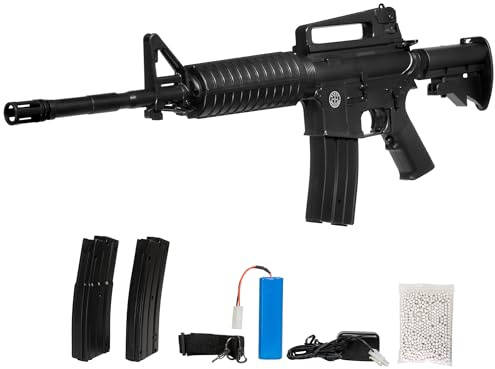 Fucile softair elettrico D94 nero, ABS resina, 2 caricatori 170 pallini, sicura singolo full-auto, calcio retrattile, Ni-MH 4.8V 700mAh + caricabatterie, POTENZA 0,9 JOULE