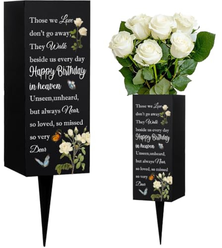 WEBEEDY Jarrones de cementerio de feliz cumpleaños celestial, margaritas, rosas, flores, mariposas, decoraciones de tumba, adornos para tumbas, jarrones conmemorativos, regalo de condolencias por la
