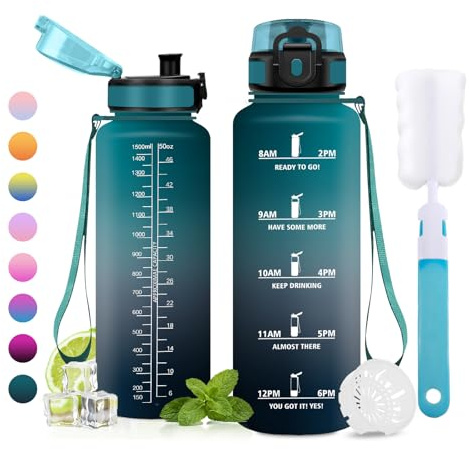 JAPORIA Trinkflasche Sport 1.5L, Wasserflasche mit Filter, Auslaufsicher, Trinkflasche mit Zeitmarkierung, BPA-frei, Sportflasche für Fitness, Gym, Schule, Getränkeflasche