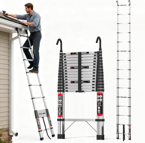 5M Teleskopleiter mit Haken, Edelstahl Mehrzweck-Klappleiter EN131, Platzsparend zusammenklappbar auf 97cm – Ideal für Dachboden, Wohnwagen, Camper, Gartenarbeit – Belastbar bis 150kg