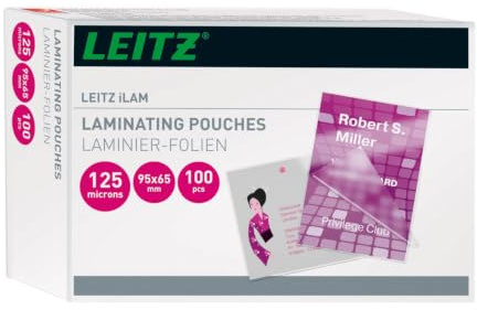 Leitz Heißlaminierfolien 125 mic 65 x 95 mm, zum Laminieren von Karten und Ausweisen, Hochwertige Laminierfolien im 100er Pack, Glänzend, Transparent, 33812