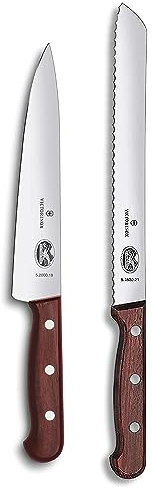 Victorinox Wood Küchengarnitur, Messer Set 2-teilig, Brotmesser, Tranchiermesser, Extra Scharf, Edler Holzgriff, braun