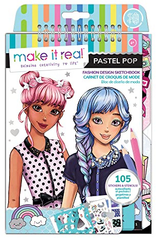 Make It Real Mode-Skizzenbuch, das sich an pastellfarbenen Regenbogen inspiriert, mit Schablonen und Aufklebern für Kreativität – Kunst- und Bastelarbeiten für Kinder Malbuch – Geschenke für Mädchen