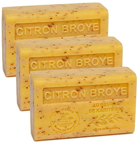 Maison du Savon de Marseille - Französische Seife aus Bio-Sheabutter - Feuchtigkeitsspendend für weiche Haut - Zerkleinerter Zitronenduft - 125-Gramm-Riegel - 3er-Set