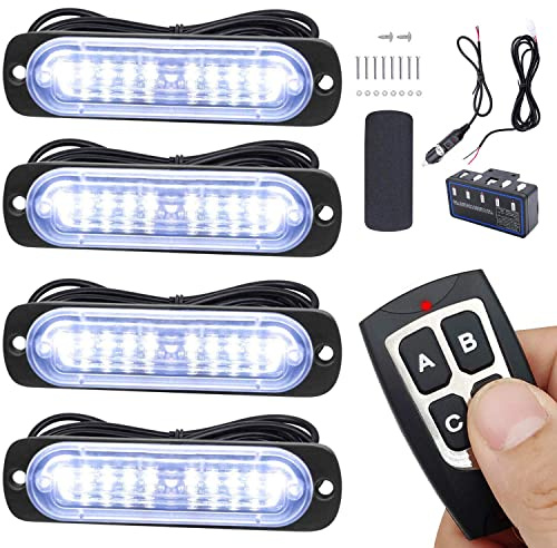EASE2U E Led Warning Lights, 4pcs Emergency Warning Caution Hazard Construction Ultra Slim Sync Feature Car Truck with Main Control Box Surface Mount (White)