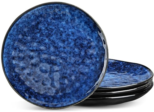 vancasso Dinner Plates Set, 10.5 Inch Scratch-Resistant Ceramic Plate, Microwave, Oven and Dishwasher Safe Dinner Plates Set of 4, Reactive Glaze and Vintage Blue Look