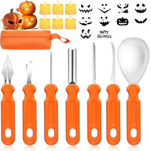 TaimeiMao Halloween Kürbis Schnitzset,6 Stück Edelstahl Kürbis Schnitzwerkzeug mit 6 LED Kerzen,10 Schnitz Vorlagen und Aufbewahrungstasche,Kürbis Schnitzen Kürbis Carving Set