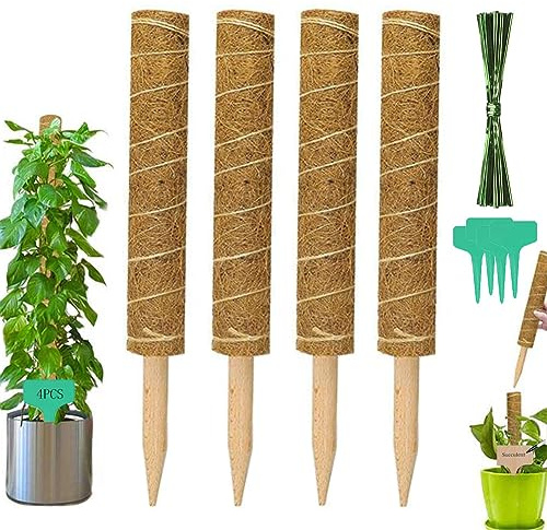 Tutores para Plantas Trepadoras 4 Piezas - Palo de Musgo de Coco y Fibra de Coco 30cm con 100 Corbatas y 4 Etiquetas para Extensión de Plantas Trepadoras