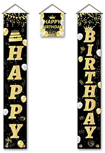 SUPERDANT Cartel de Feliz Cumpleaños Colgante Negro Y Dorado Cartel de Porche de Cumpleaños Carteles de Patio de Feliz Cumpleaños Bandera Colgante para Decoración de Fiesta