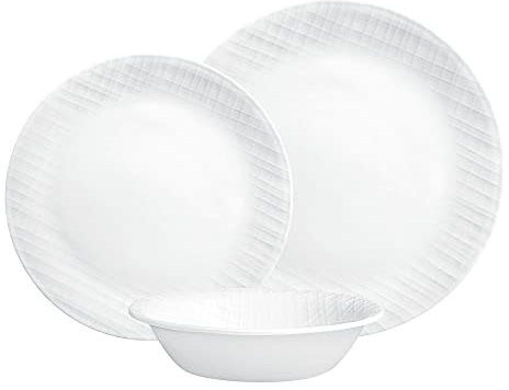 Corelle Dinnerware Set, 12-Piece, Linen Weave, Tempered Glass, Dinner Plates, Side Plates & Bowls, 3X More Durable, Half The Space & Weight of Ceramic, 1146908