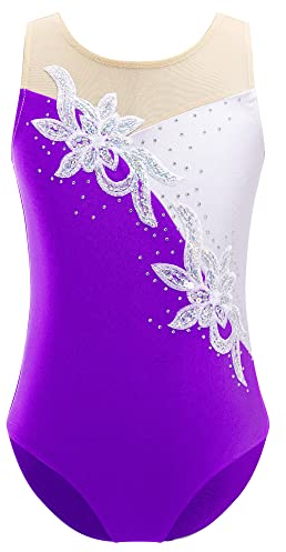 iEFiEL Mädchen Turnanzug Glitzer Gymnastikanzug ÄrmellosTurnanzug Glänzend Trikotanzug Gymnastik Leotard Training Gymnastikbody Violett 134-140
